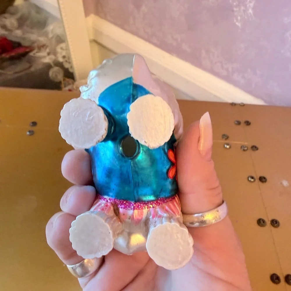 Hand Blown White Lasso Apso with a blue Dress & White Hair Bows Holiday Ornament